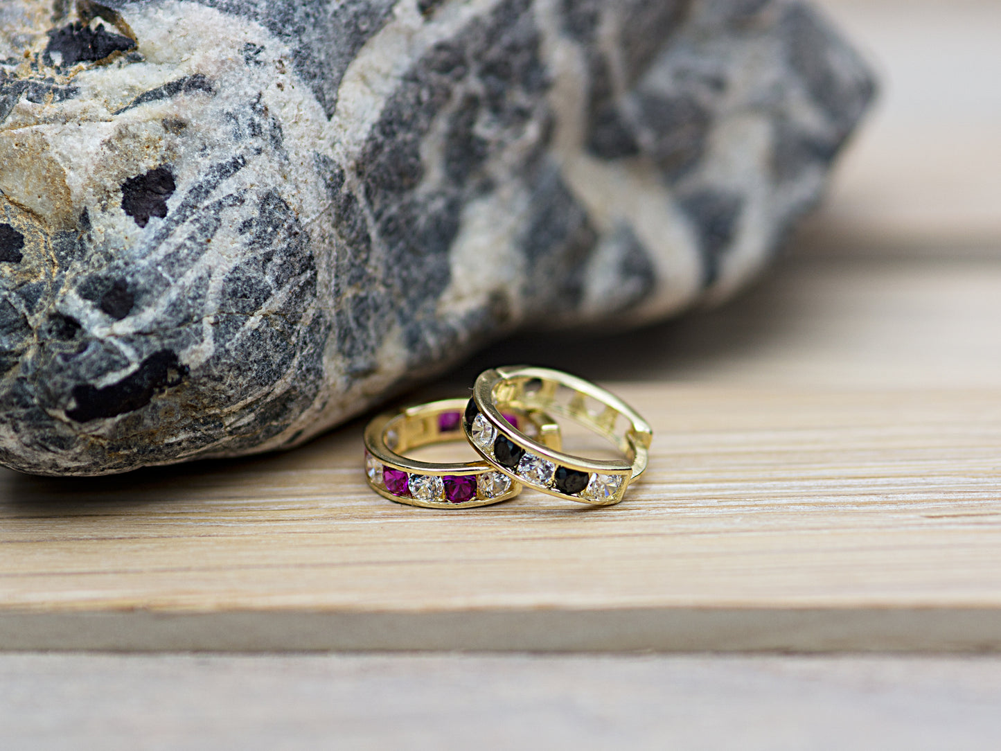 14k Solid Yellow Gold Colorful hoops with bright gems