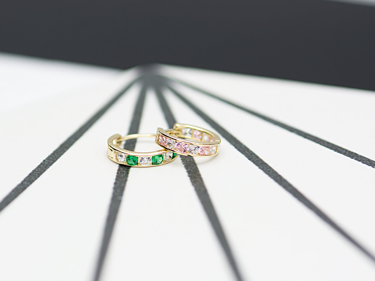 14k Solid Yellow Gold Colorful hoops with bright gems