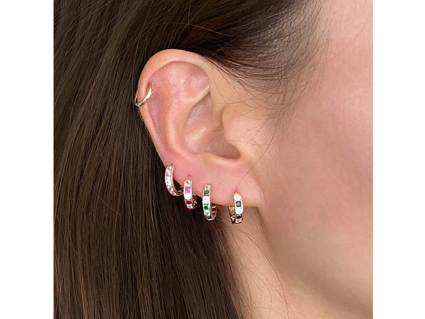 14k Solid Yellow Gold Colorful hoops with bright gems