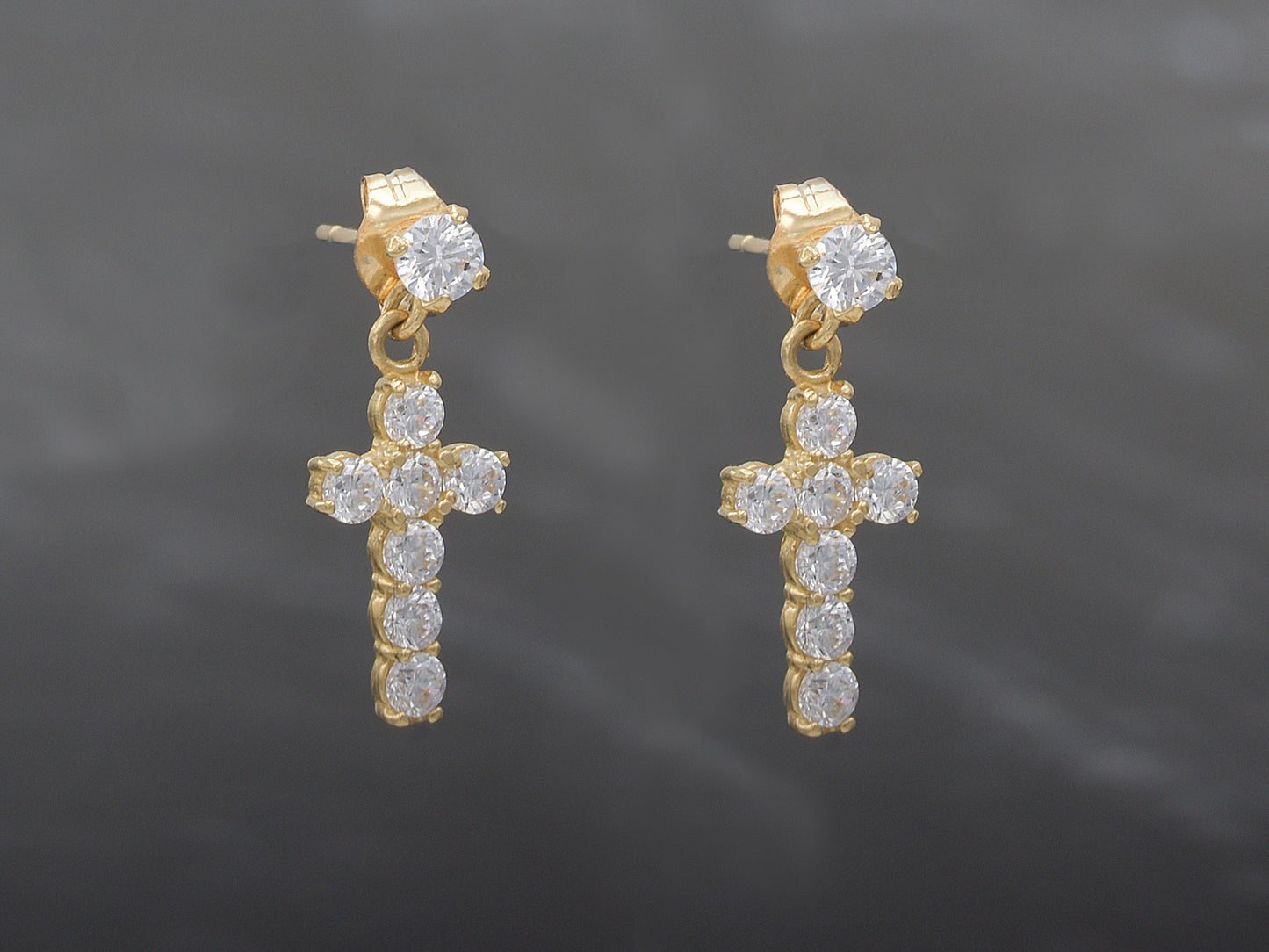14K solid Yellow gold Elegant Hanging Cross Stud Earrings