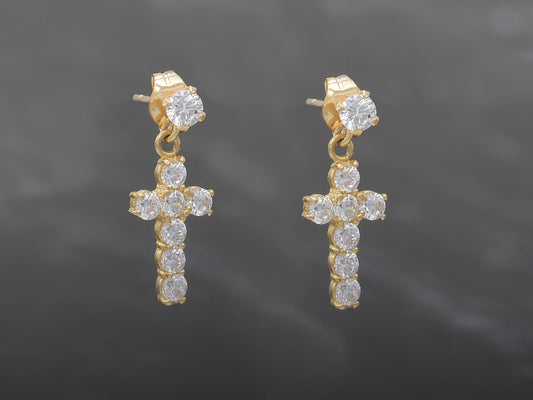 14K solid Yellow gold Elegant Hanging Cross Stud Earrings