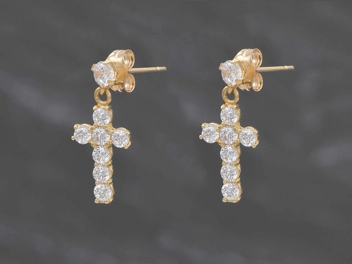 14K solid Yellow gold Elegant Hanging Cross Stud Earrings