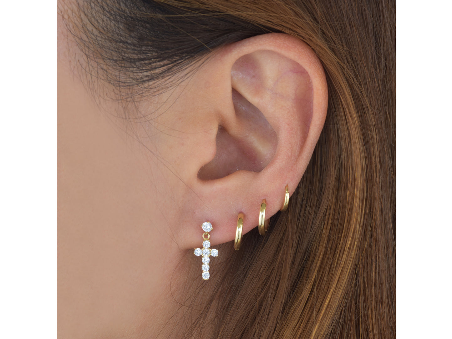 14K solid Yellow gold Elegant Hanging Cross Stud Earrings