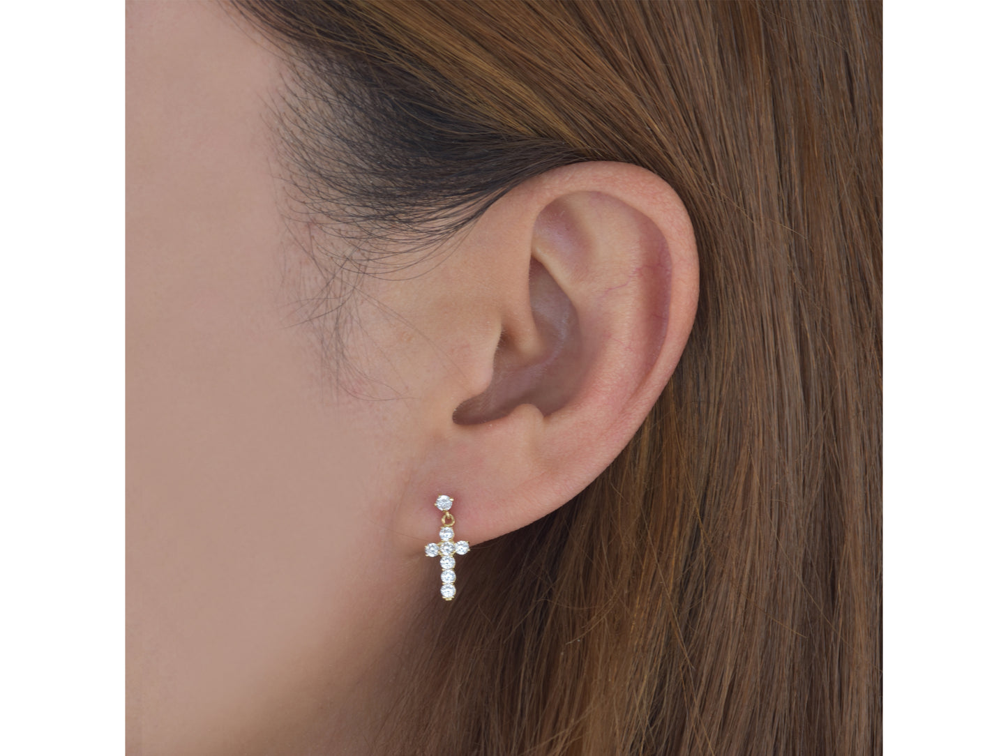 14K solid Yellow gold Elegant Hanging Cross Stud Earrings