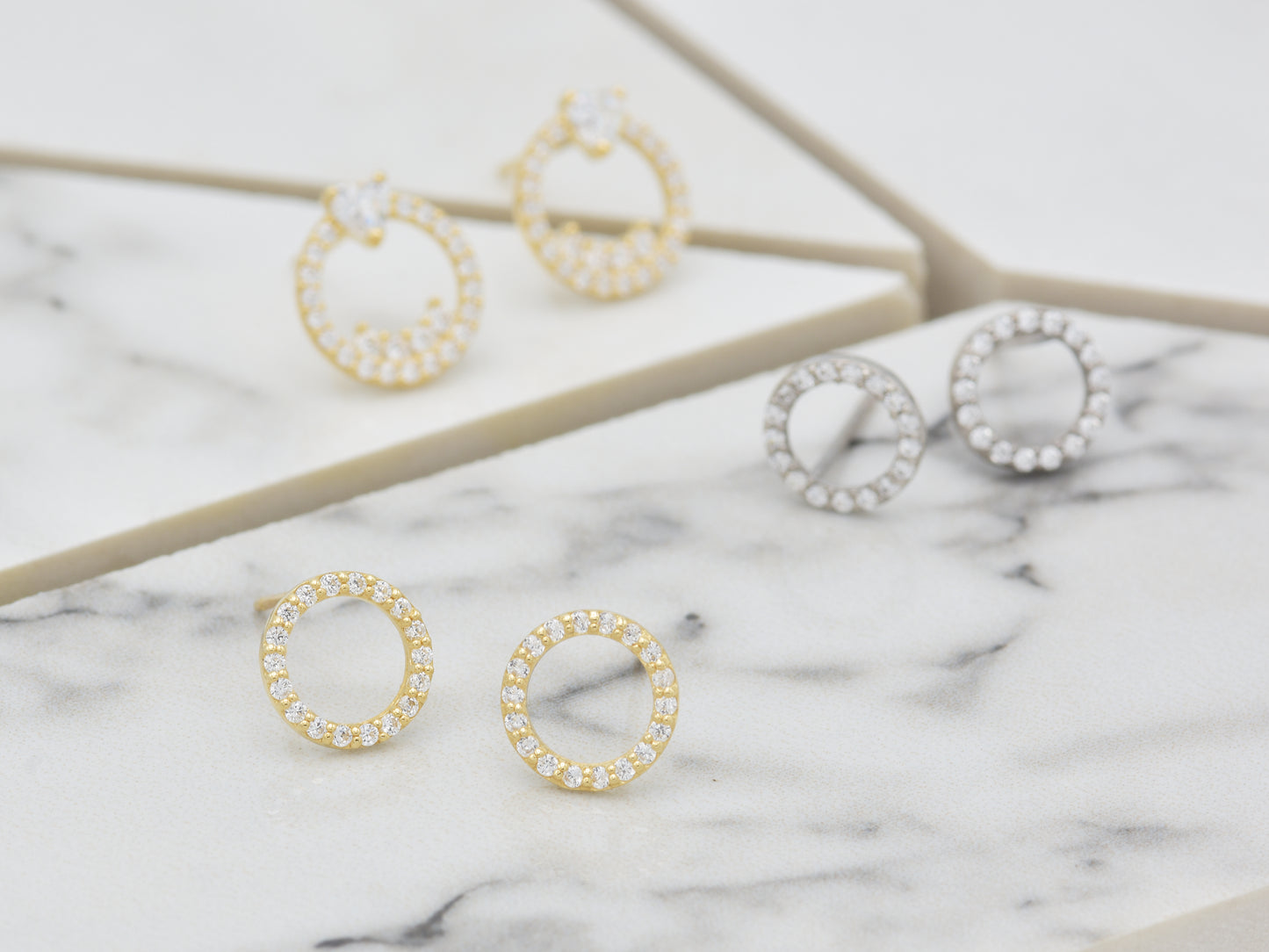 14K Solid White  Yellow gold Halo post earring