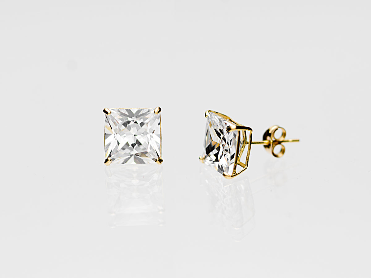 14k Solid Gold Basket Set CZ Princess cut Stud