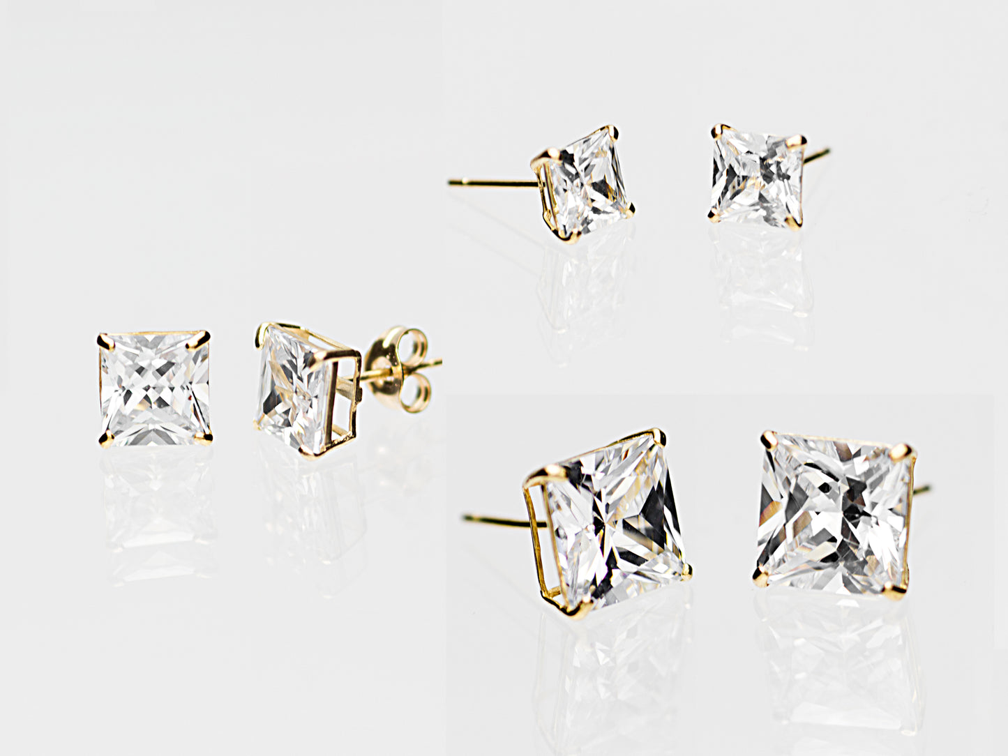 14k Solid Gold Basket Set CZ Princess cut Stud