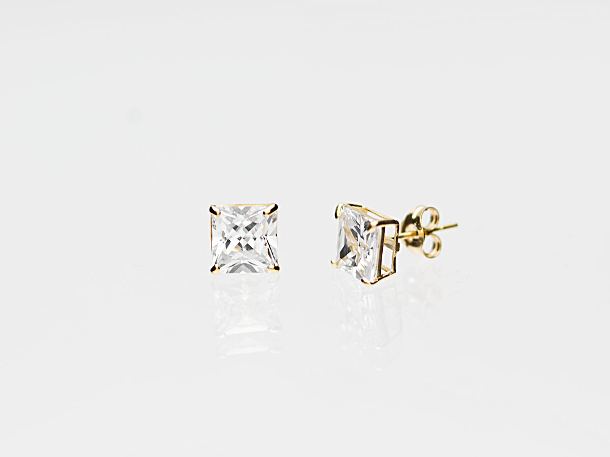 14k Solid Gold Basket Set CZ Princess cut Stud