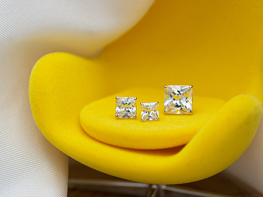 14k Solid Gold Basket Set CZ Princess cut Stud