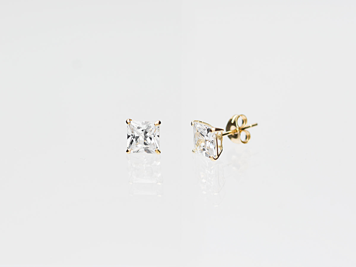 14k Solid Gold Basket Set CZ Princess cut Stud