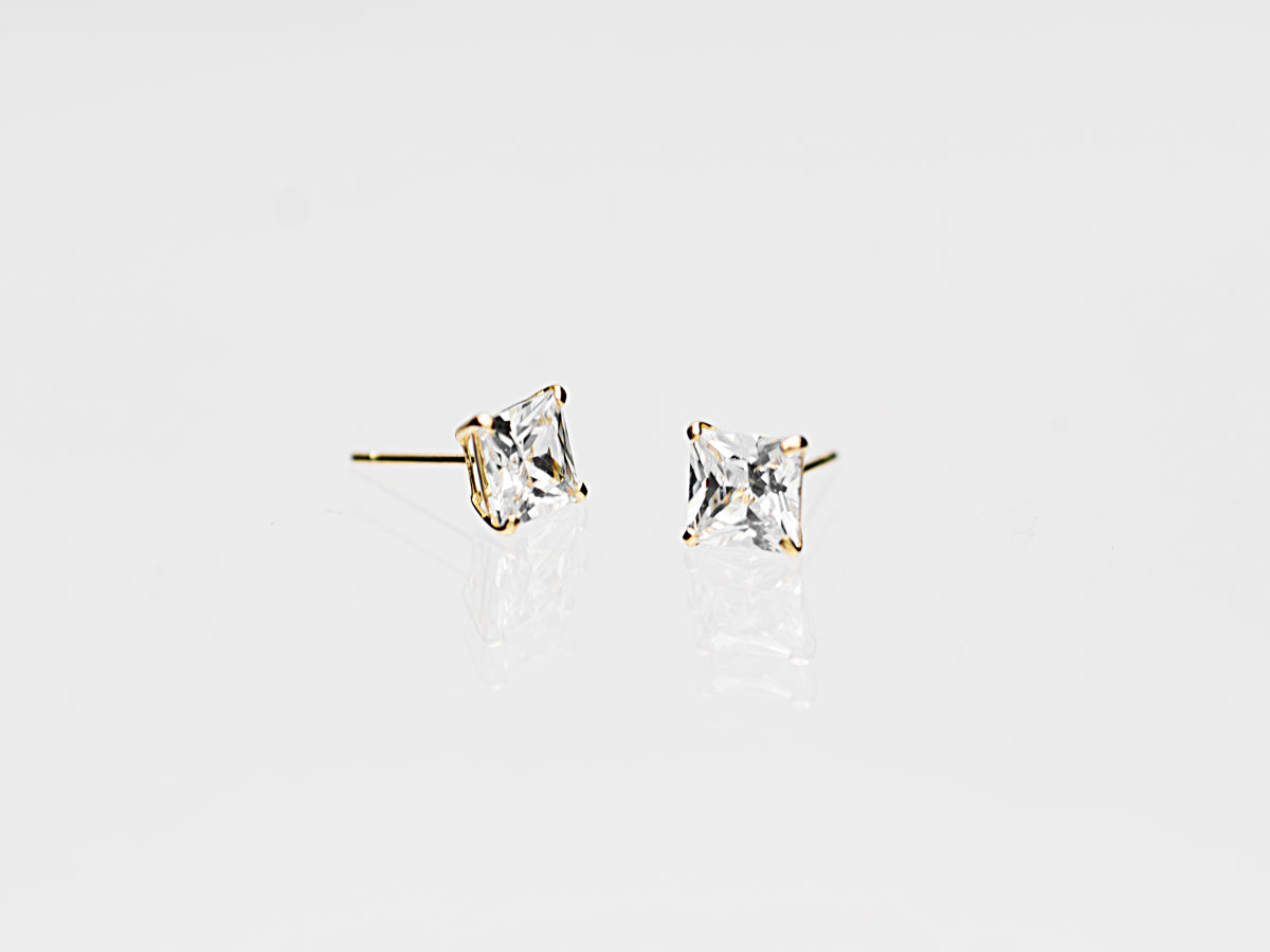 14k Solid Gold Basket Set CZ Princess cut Stud