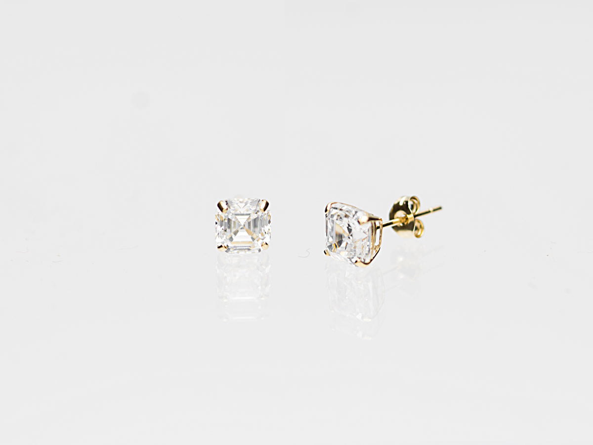 14k Solid Yellow Gold Basket Set Asscher Cut CZ Stud