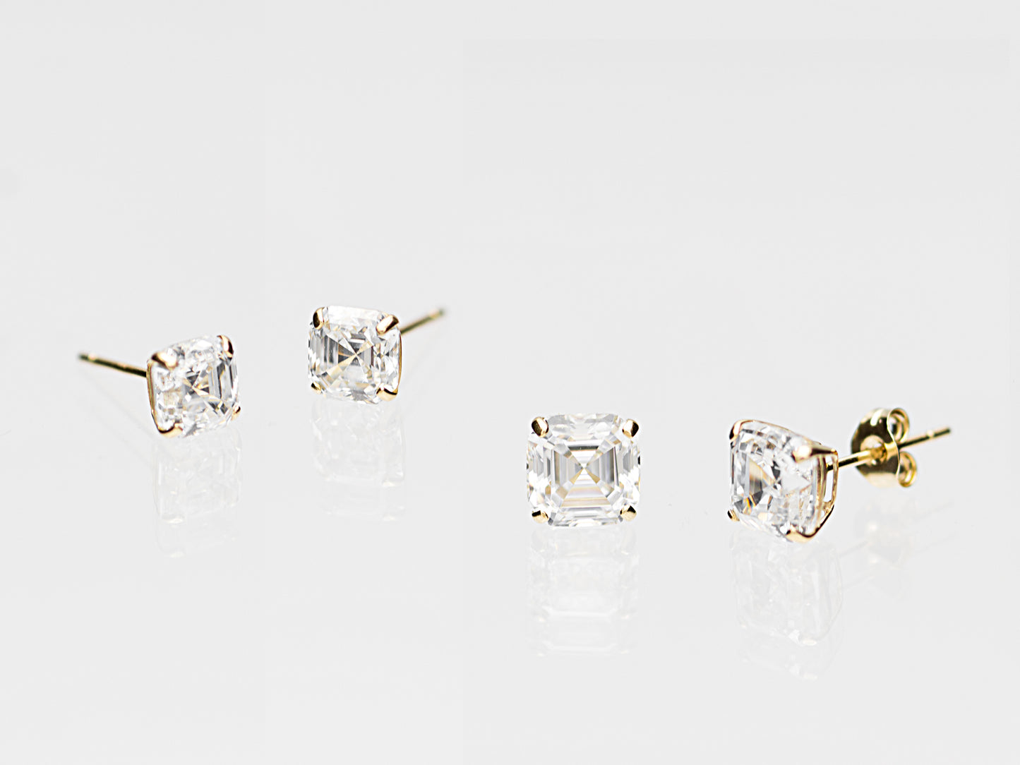 14k Solid Yellow Gold Basket Set Asscher Cut CZ Stud