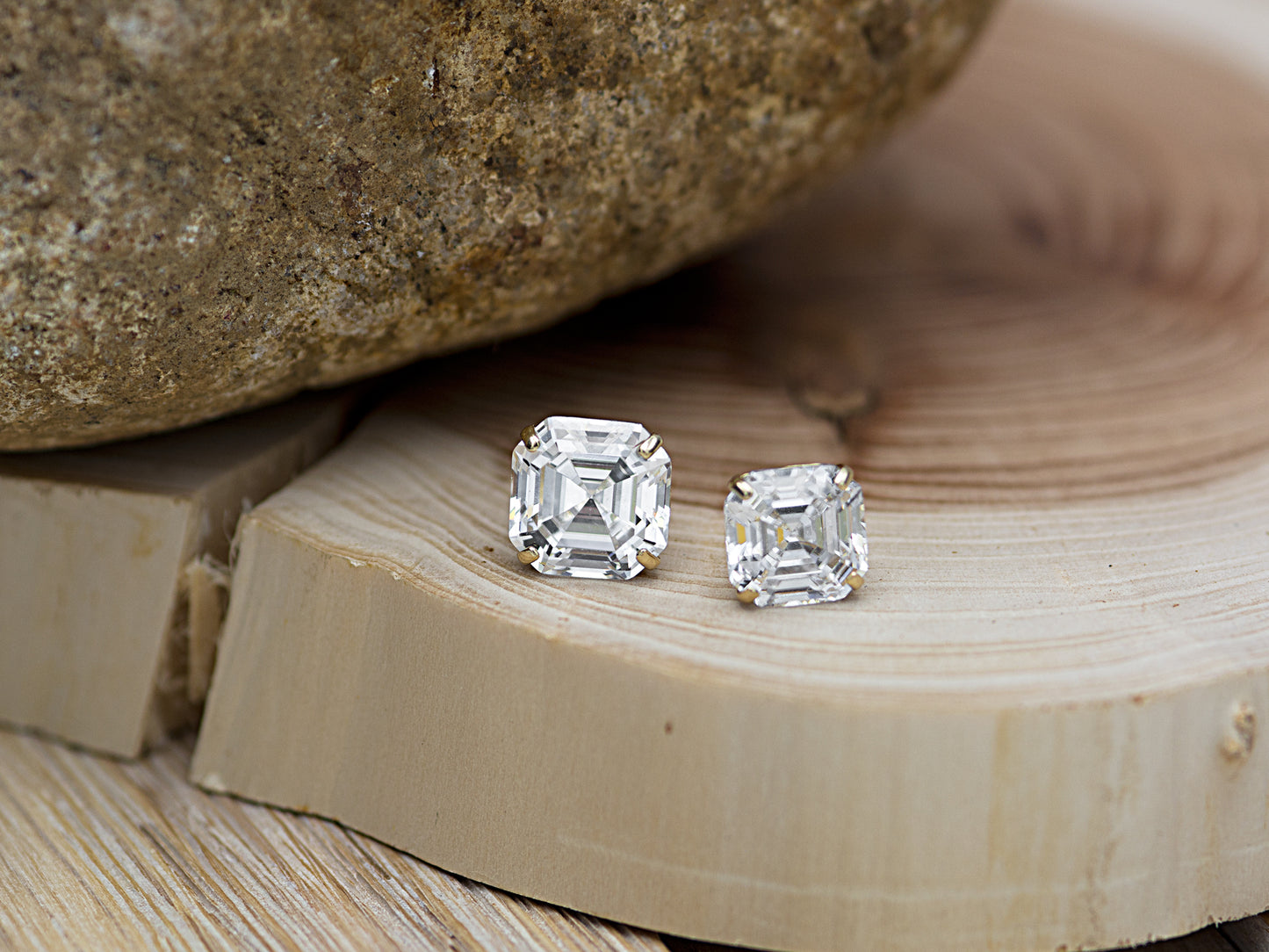 14k Solid Yellow Gold Basket Set Asscher Cut CZ Stud