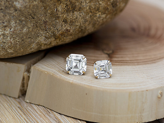 14k Solid Yellow Gold Basket Set Asscher Cut CZ Stud