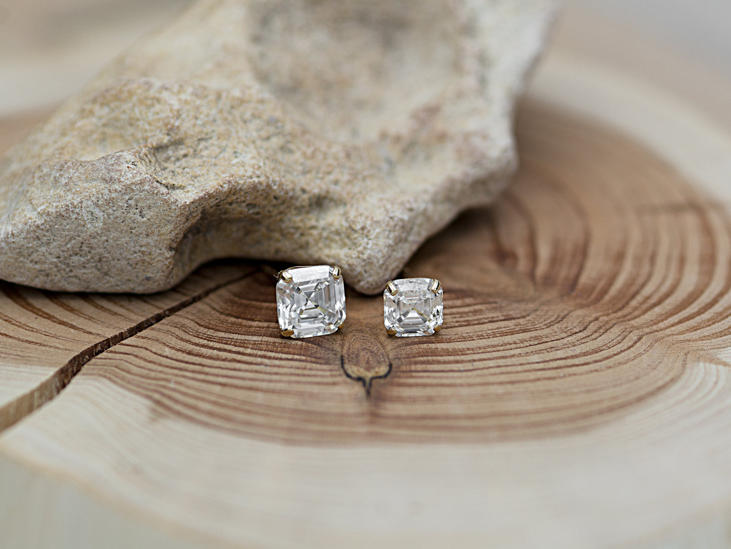 14k Solid Yellow Gold Basket Set Asscher Cut CZ Stud