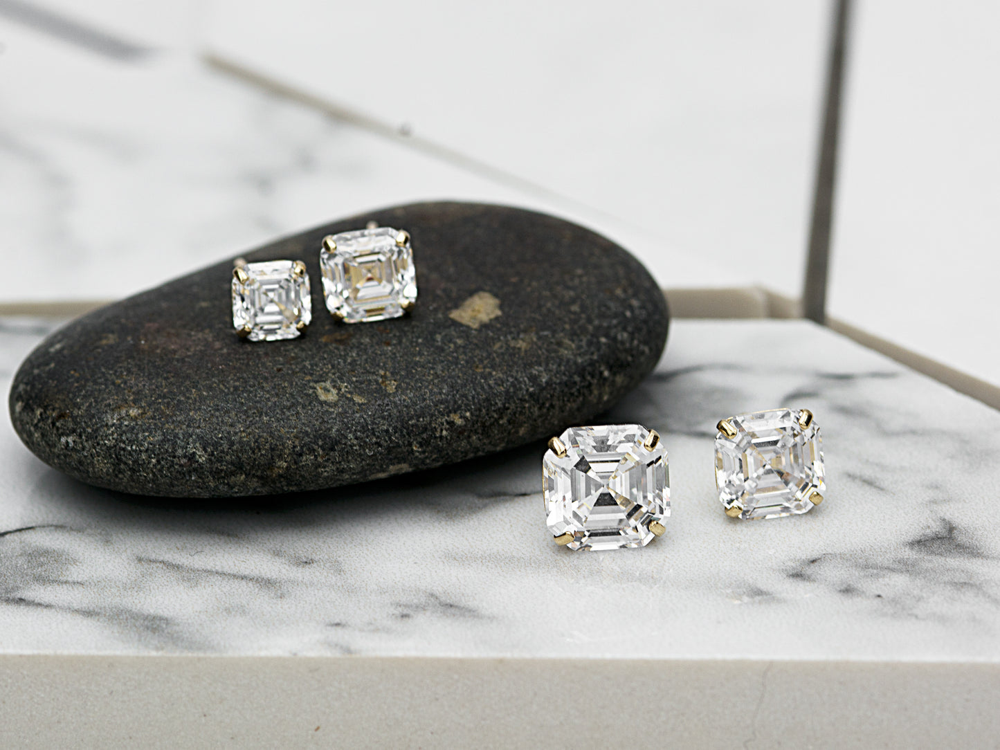 14k Solid Yellow Gold Basket Set Asscher Cut CZ Stud