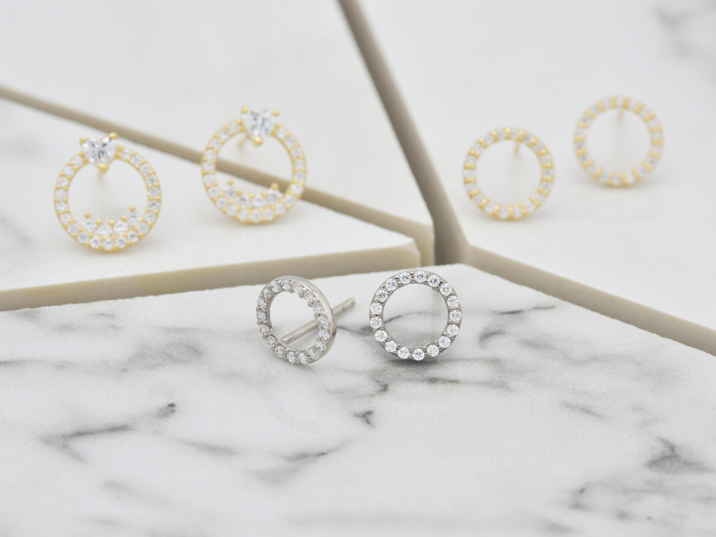 14K Solid White  Yellow gold Halo post earring