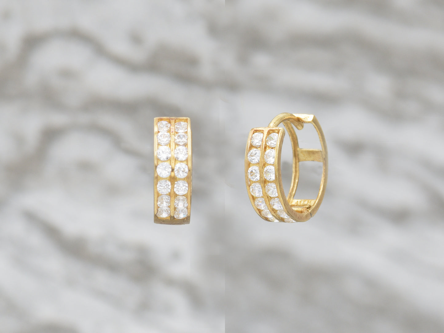 14k solid yellow gold two line simulated diamond earring
