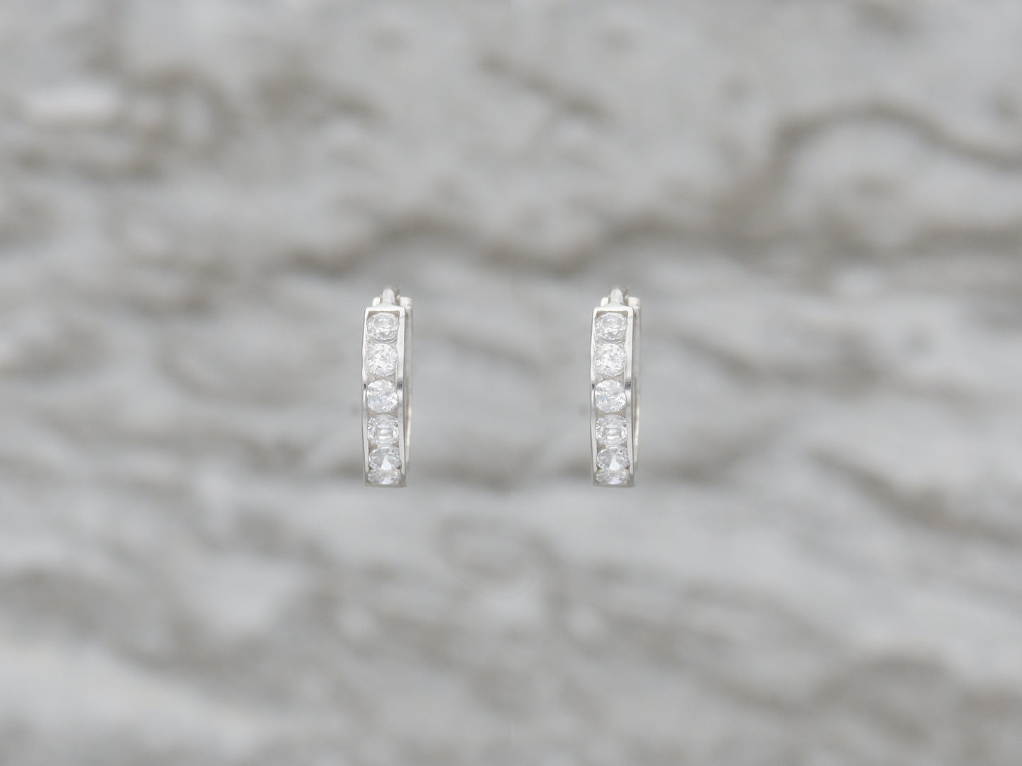 14k solid White gold single  line simulated diamond earring huggie Hoop Earrings