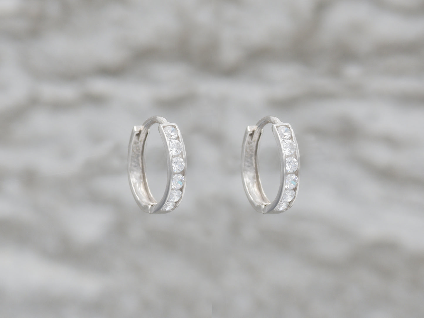 14k solid White gold single  line simulated diamond earring huggie Hoop Earrings