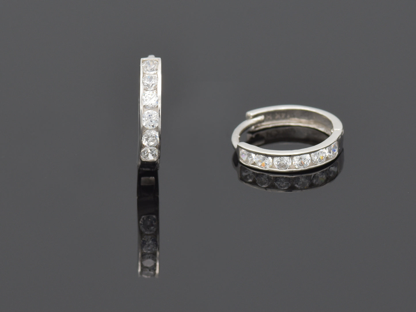 14k solid White gold single  line simulated diamond earring huggie Hoop Earrings