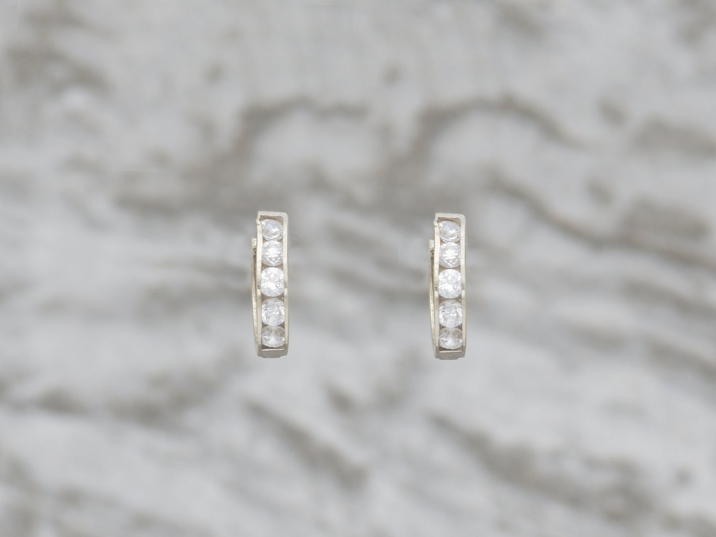 14k solid White gold single  line simulated diamond earring huggie Hoop Earrings
