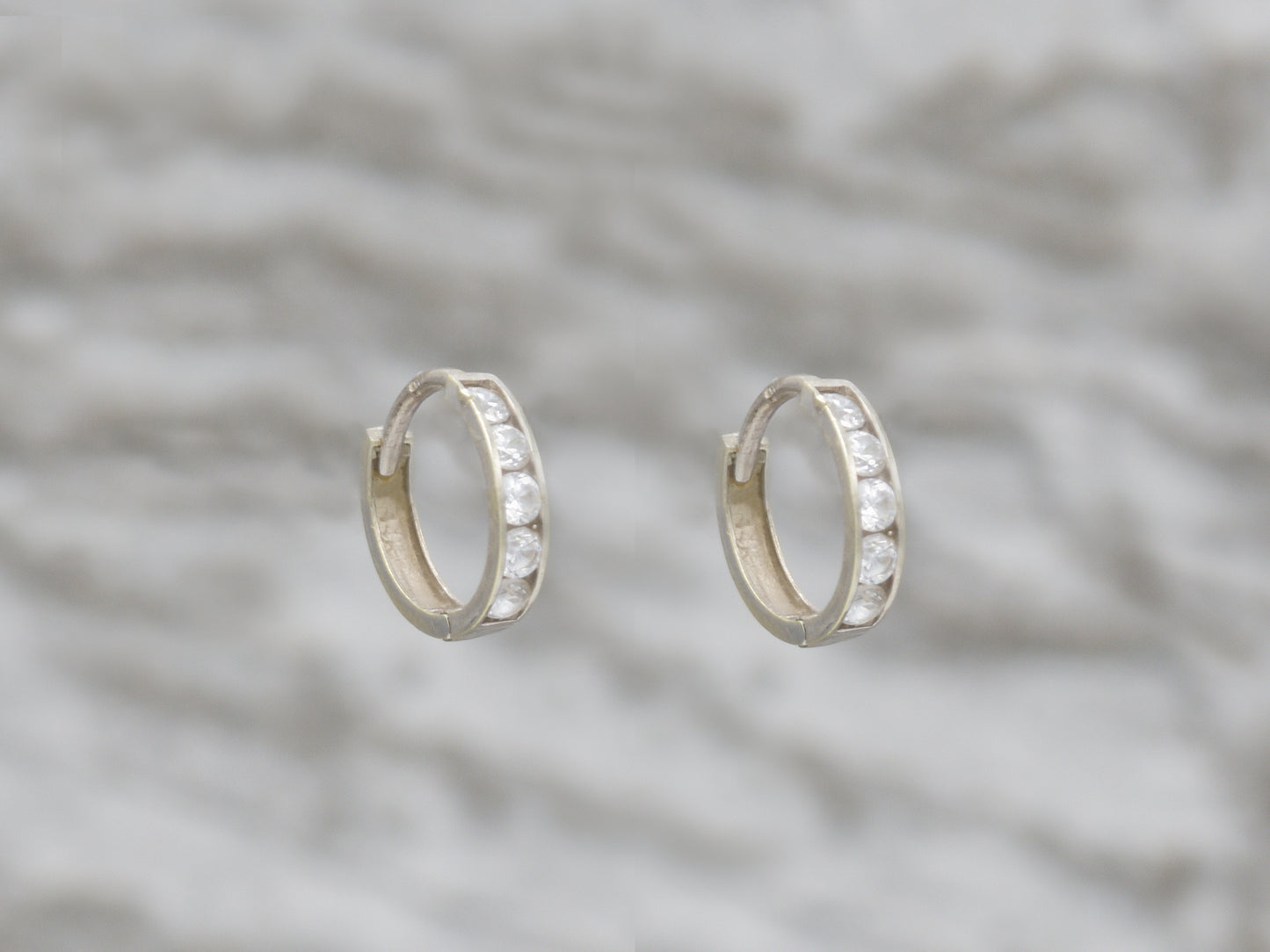 14k solid White gold single  line simulated diamond earring huggie Hoop Earrings