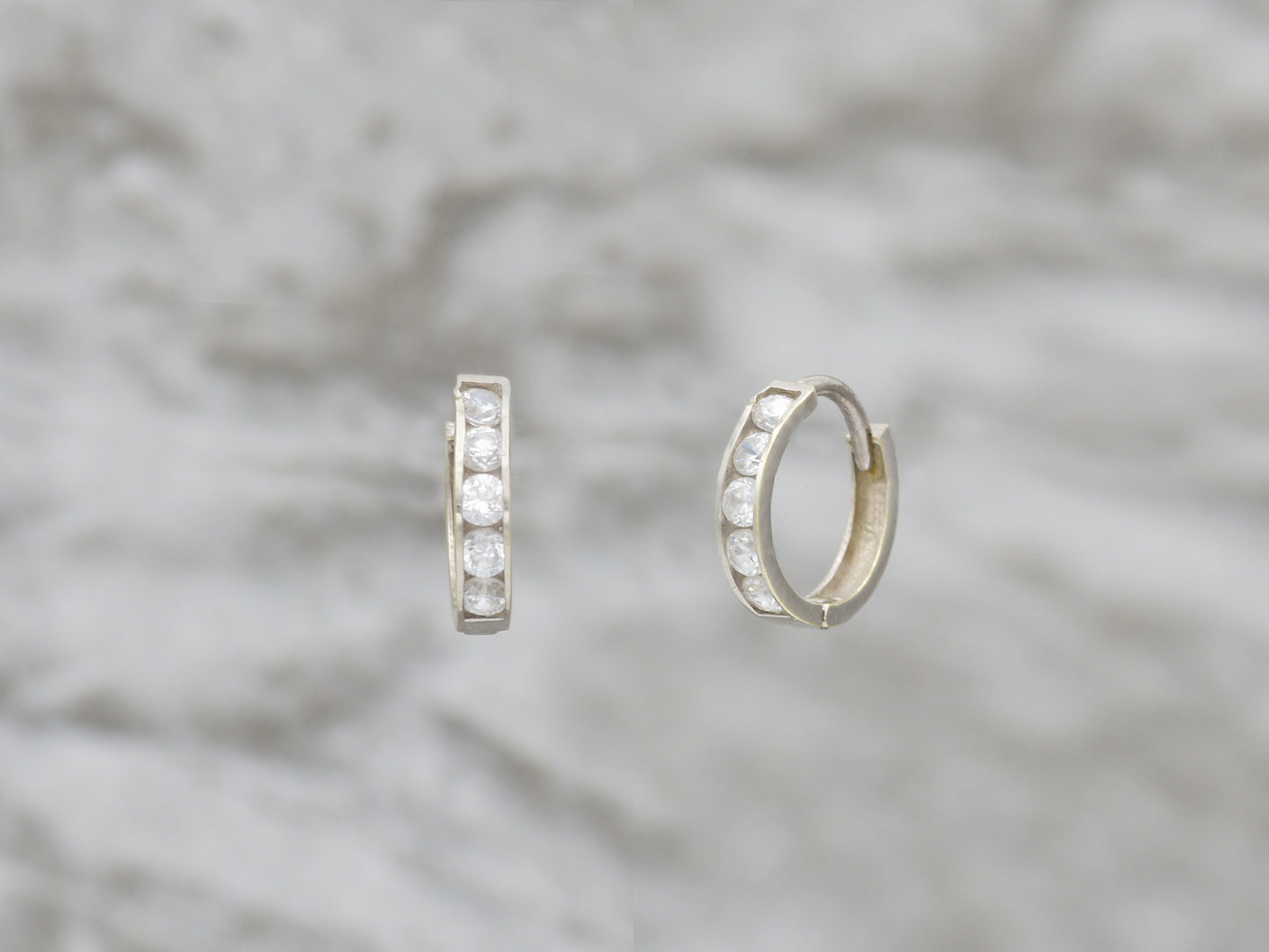 14k solid White gold single  line simulated diamond earring huggie Hoop Earrings