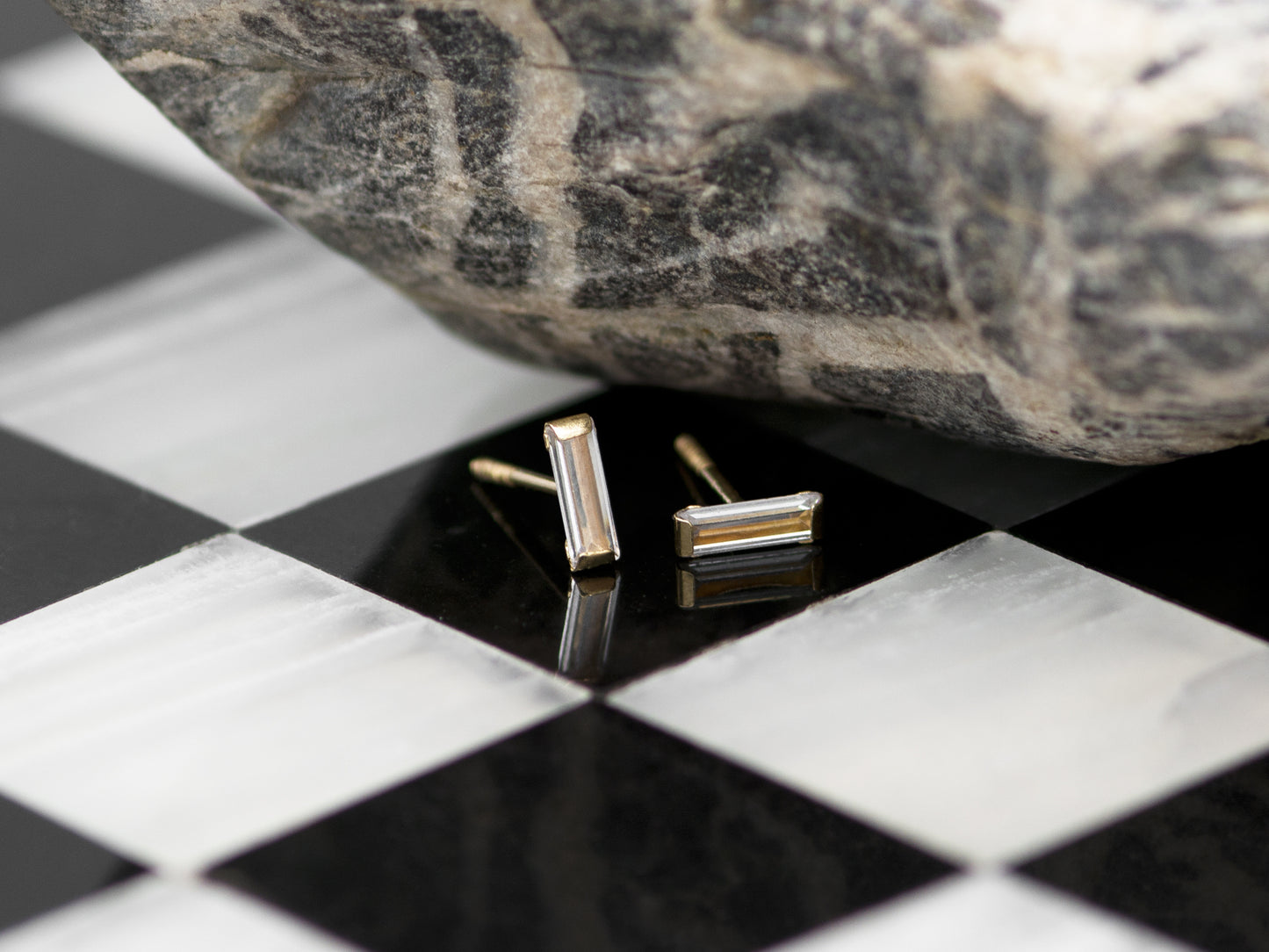 14k Solid gold emerald cut simulated diamond studs earrings