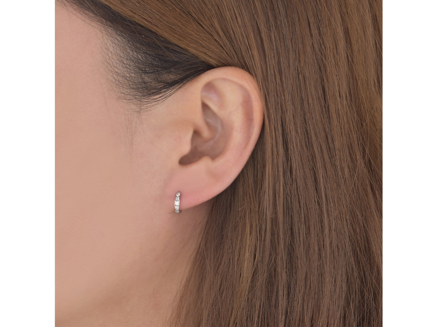 14k solid White gold single  line simulated diamond earring huggie Hoop Earrings