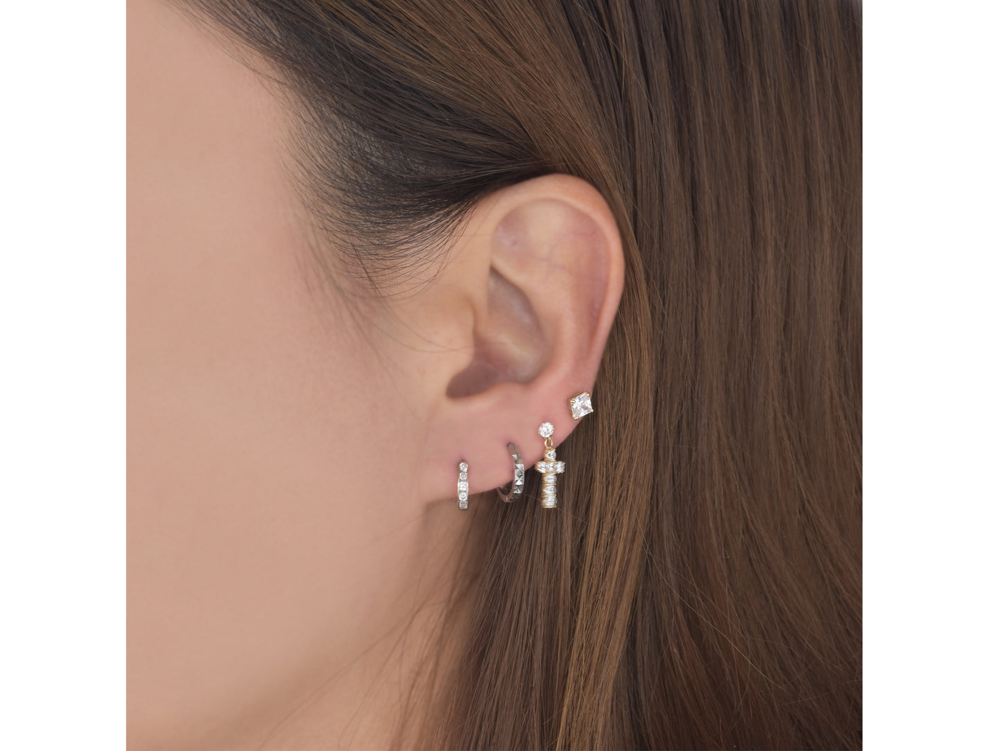 14k solid White gold single  line simulated diamond earring huggie Hoop Earrings