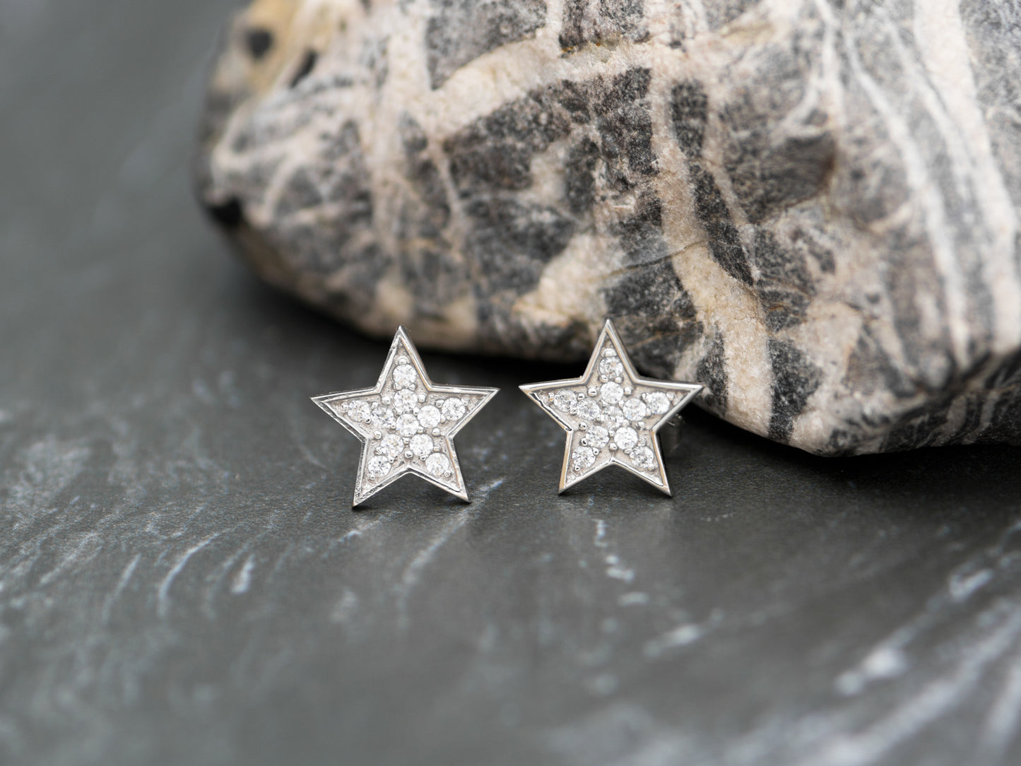 14K Solid White Gold Super Star Stud Earrings