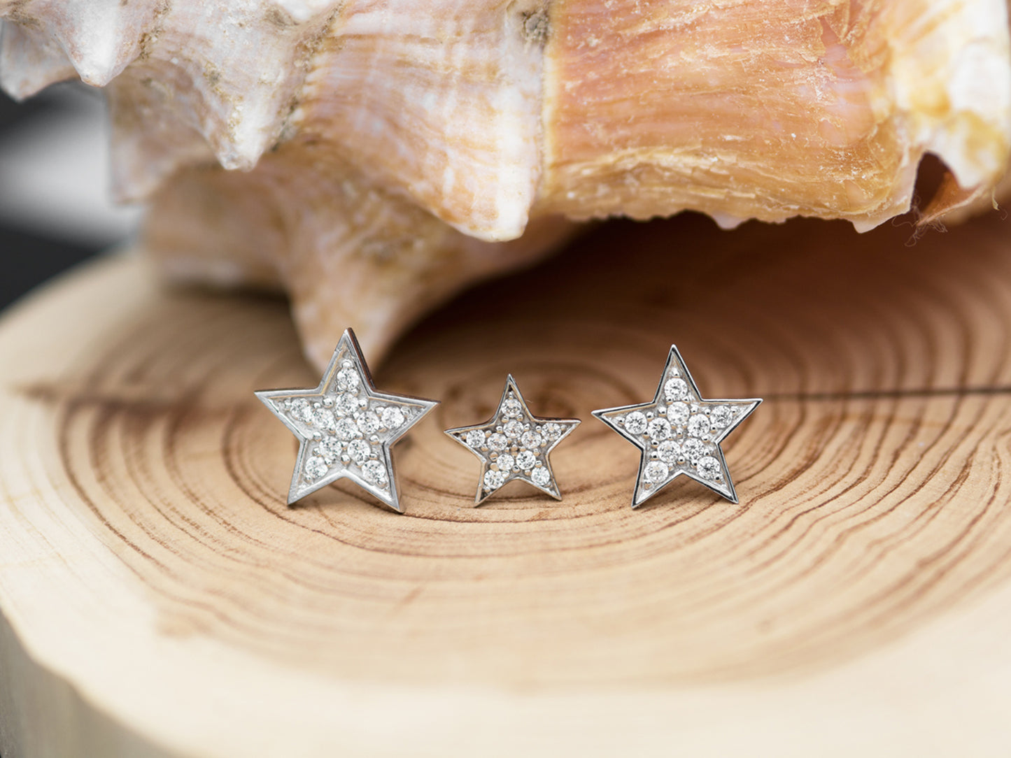 14K Solid White Gold Super Star Stud Earrings