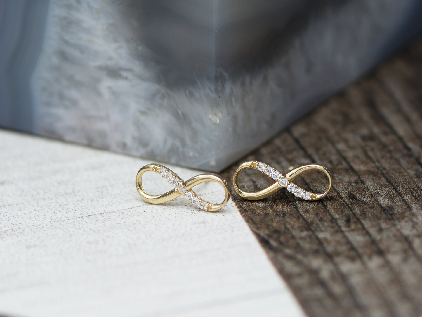 14K Solid Yellow Gold Infinity Sign Stud Earrings