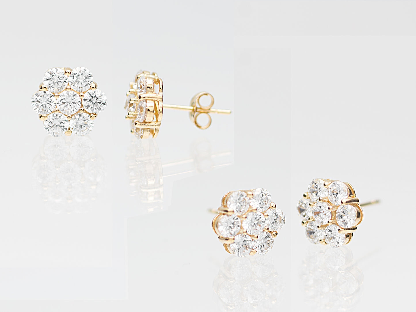 14k Gold Genuine Diamond 7 Stone Honey comb Cluster Stud Earrings