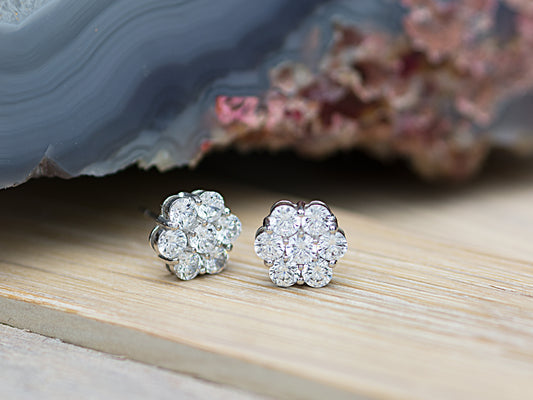 14k Gold Genuine Diamond 7 Stone Honey comb Cluster Stud Earrings