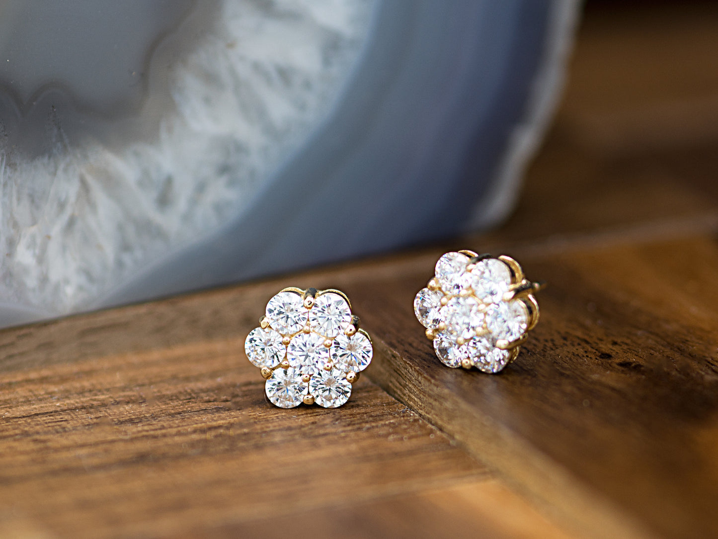 14k Gold Genuine Diamond 7 Stone Honey comb Cluster Stud Earrings