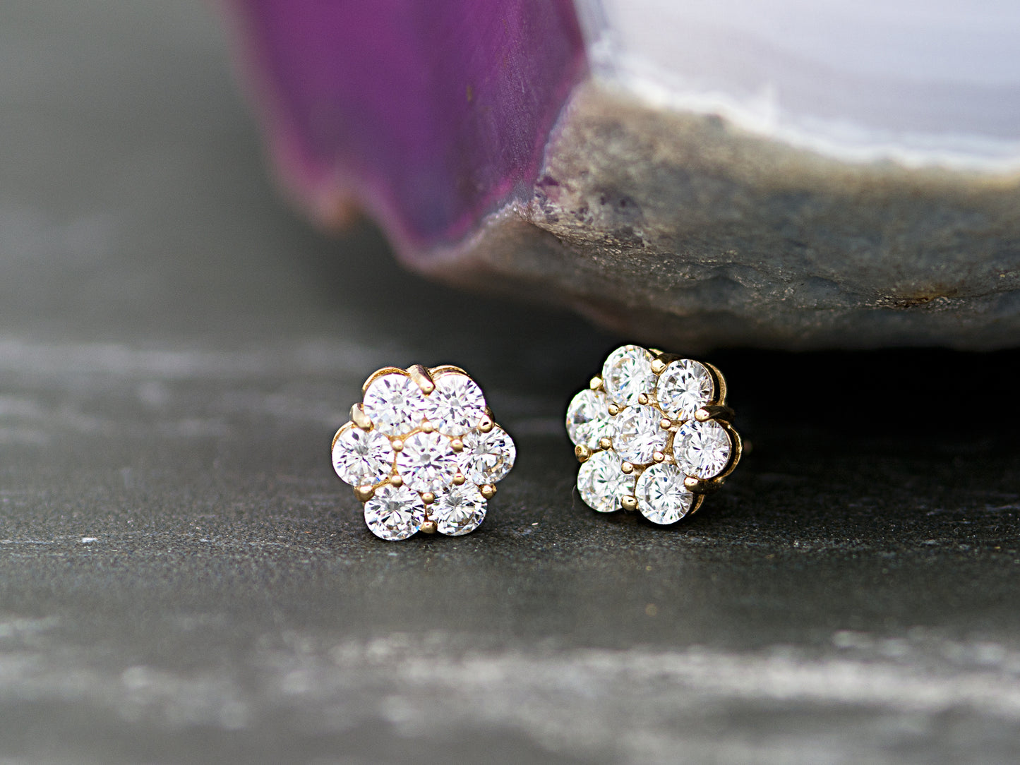 14k Gold Genuine Diamond 7 Stone Honey comb Cluster Stud Earrings