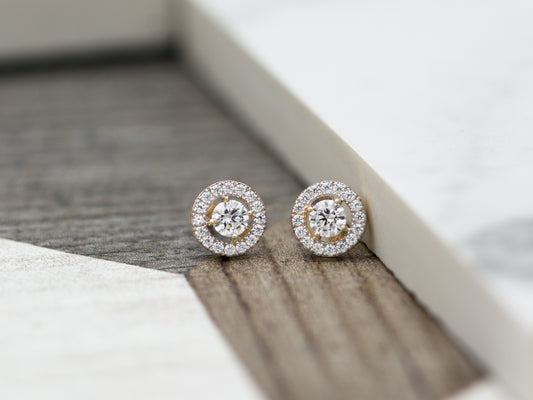 14K Solid Genuine Gold Halo Studs earrings