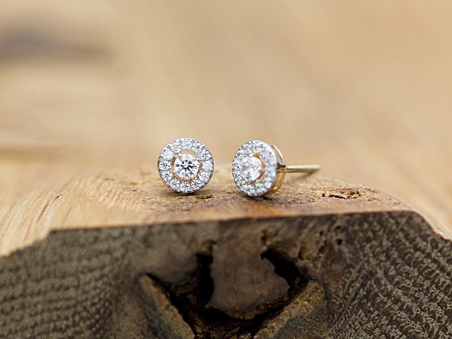14K Solid Genuine Gold Halo Studs earrings