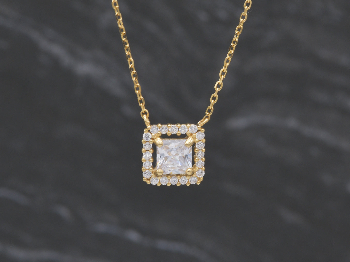 14K solid yellow gold Halo square pendant