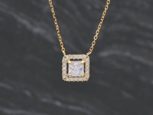 14K solid yellow gold Halo square pendant