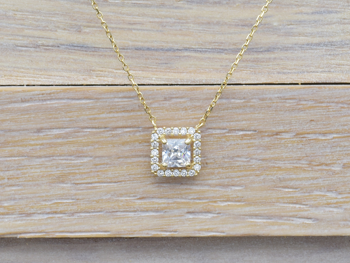 14K solid yellow gold Halo square pendant