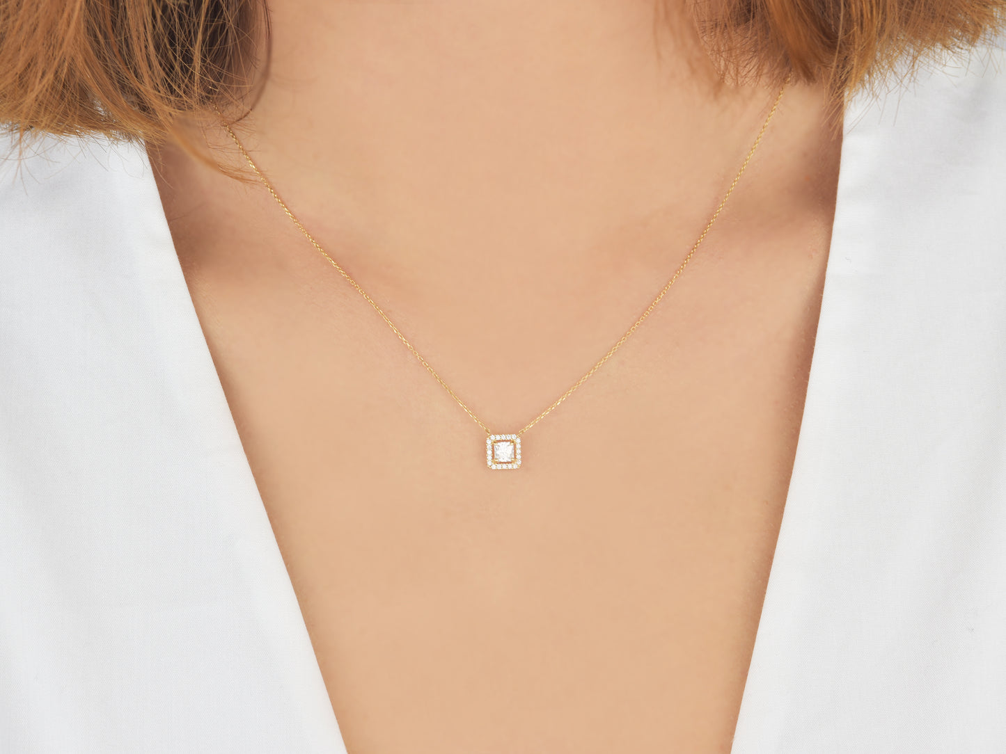 14K solid yellow gold Halo square pendant