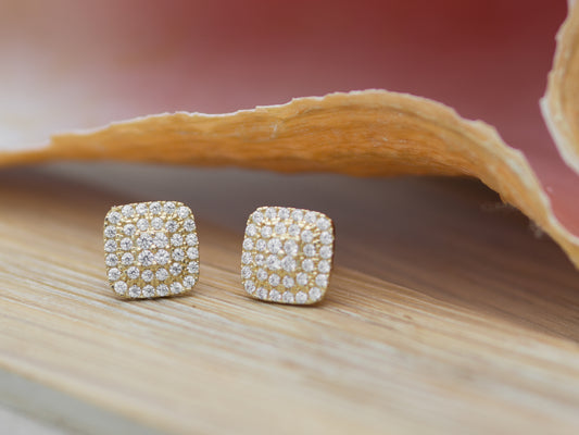 14K Genuine Solid Gold with Rounded Square Simulated Diamond studs earring