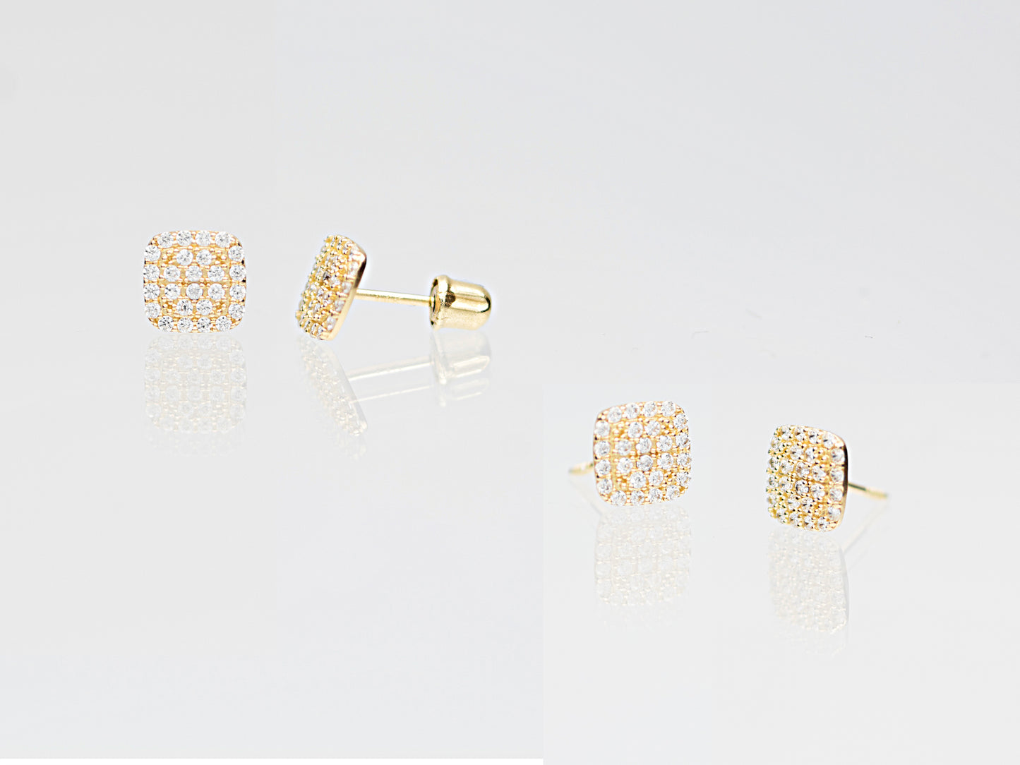 14K Genuine Solid Gold with Rounded Square Simulated Diamond studs earring