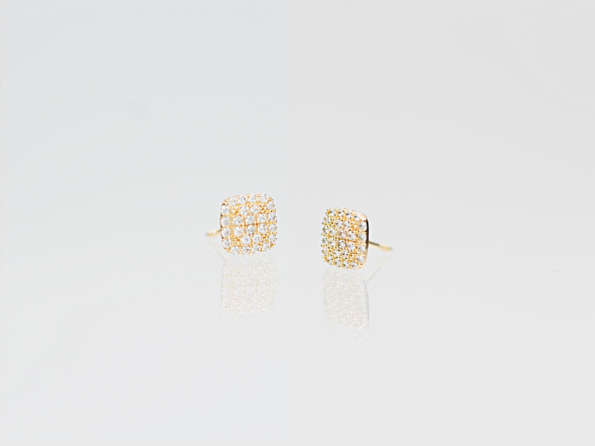 14K Genuine Solid Gold with Rounded Square Simulated Diamond studs earring