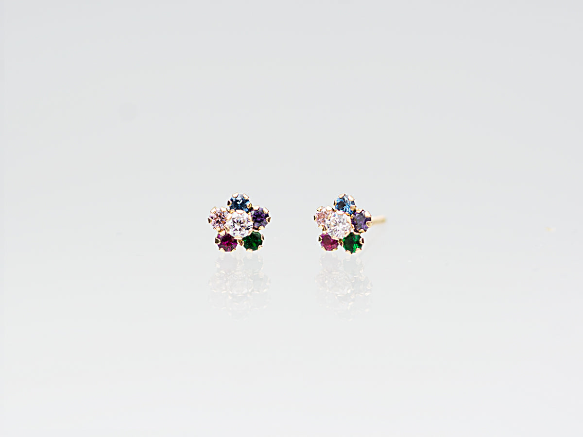 14K Solid Gold colorful Cubic zirconia flower stud earring