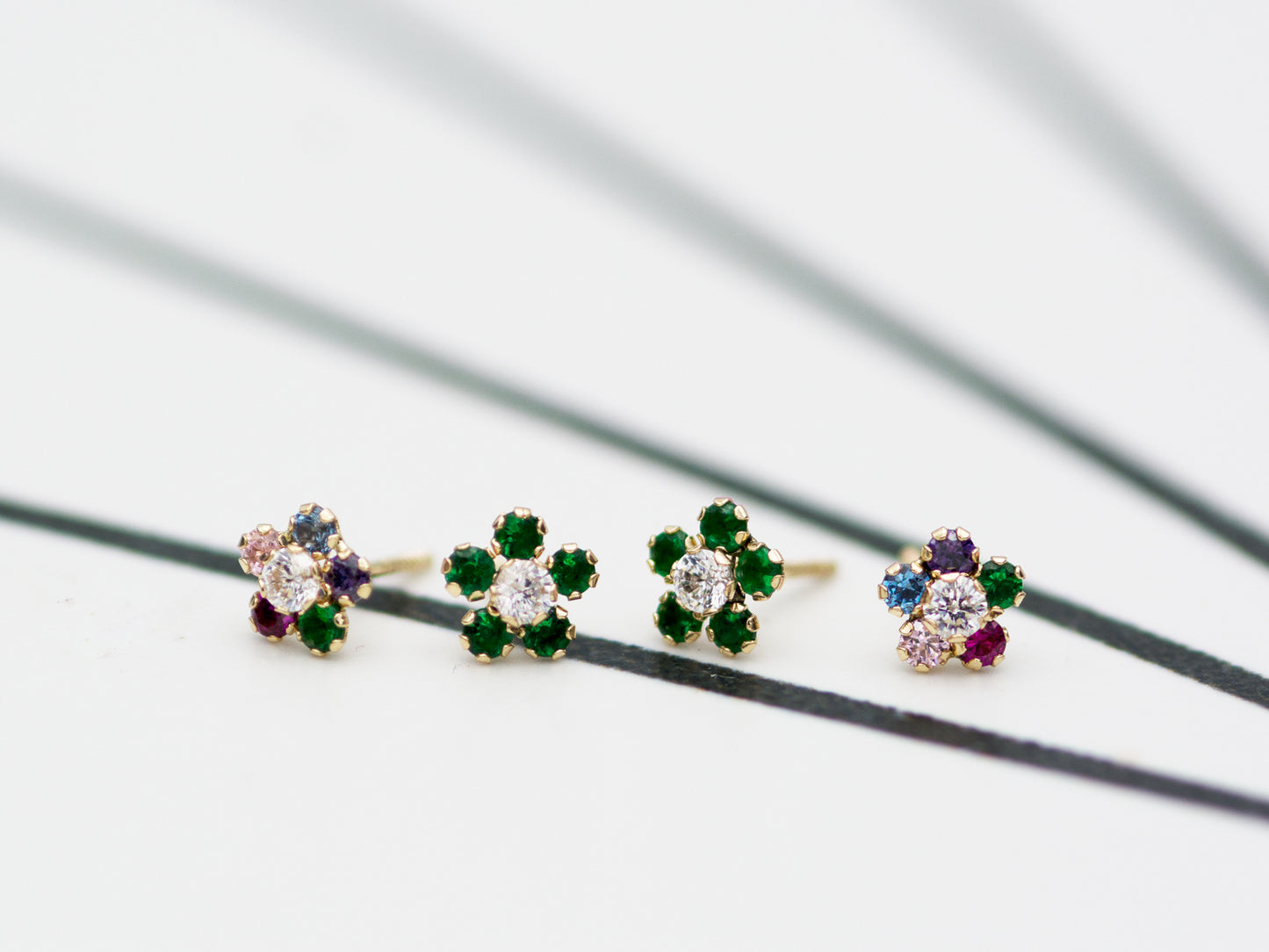 14K Solid Gold colorful Cubic zirconia flower stud earring